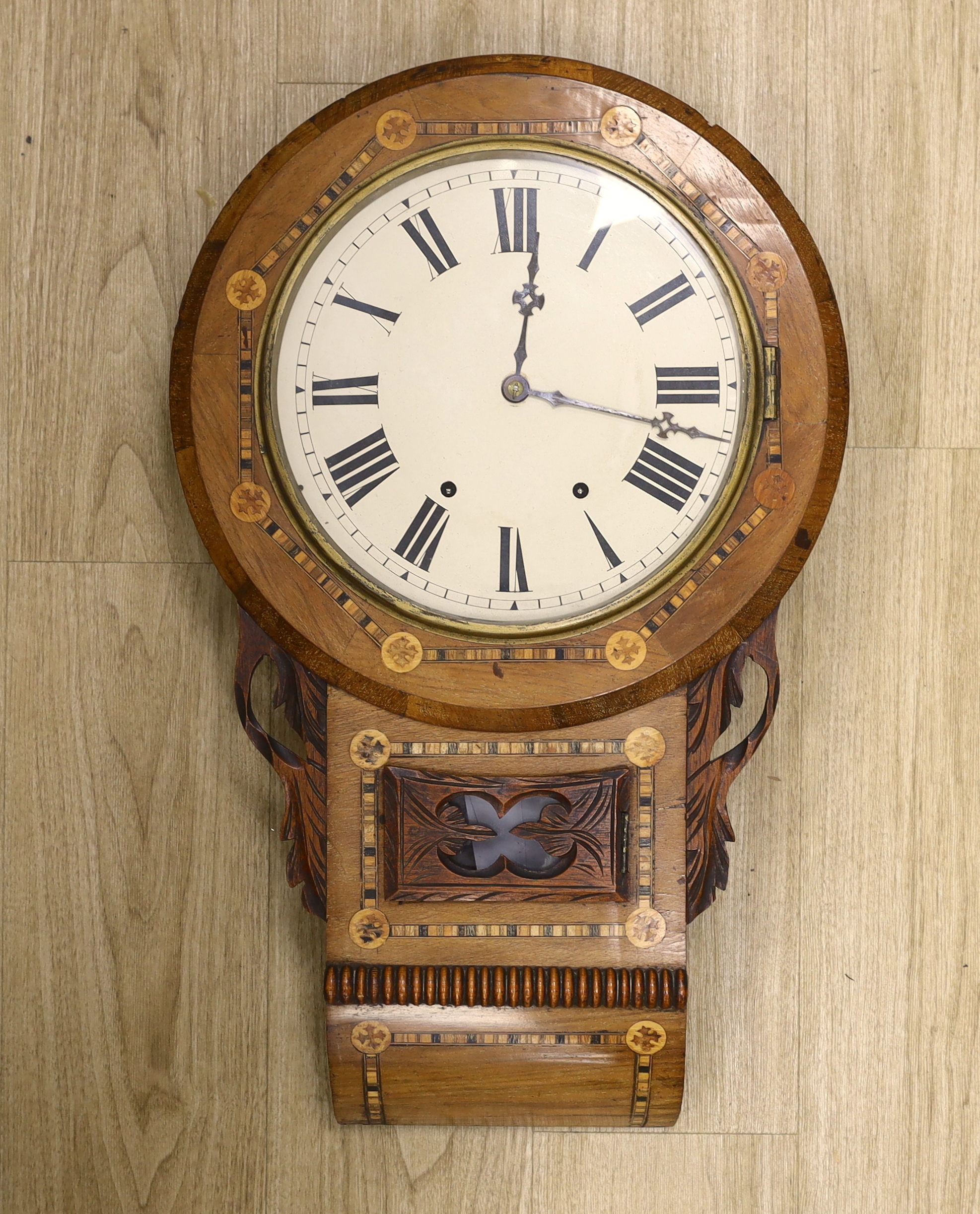 A late 19th century inlaid drop dial wall clock, 70cm